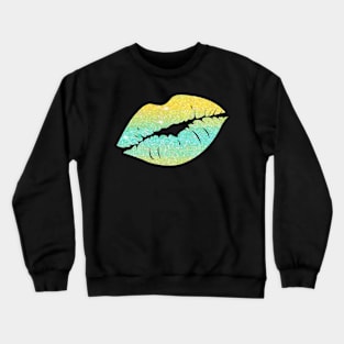 Bright Teal Yellow Ombre Faux Glitter Lips Crewneck Sweatshirt